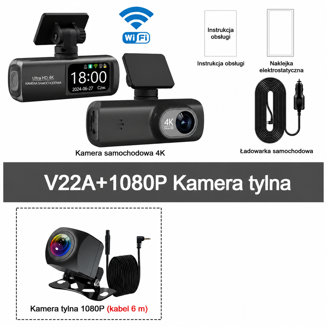 Rejestrator samochodowy EKLEVA 4K+1080P dwukanałowy z WiFi, całodobowe monitorowanie parkowania, czarna skrzynka