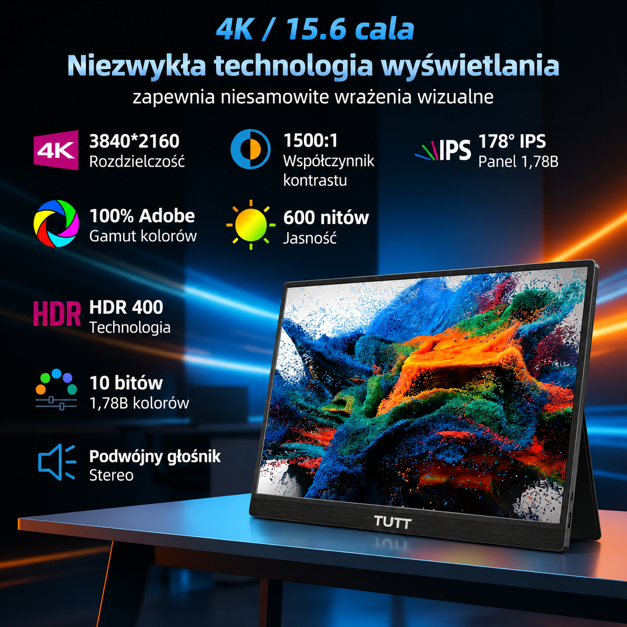 **TUTT 15,6" Przenośny monitor gamingowy 4K | Wbudowana bateria 8000 mAh i technologia AMD FreeSync™ | Skórzane etui B15**