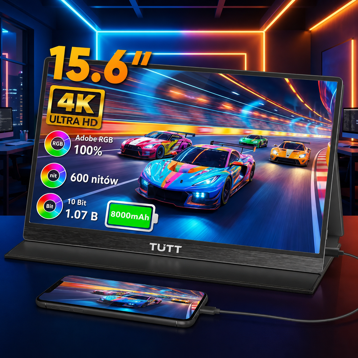 **TUTT 15,6" Przenośny monitor gamingowy 4K | Wbudowana bateria 8000 mAh i technologia AMD FreeSync™ | Skórzane etui B15**