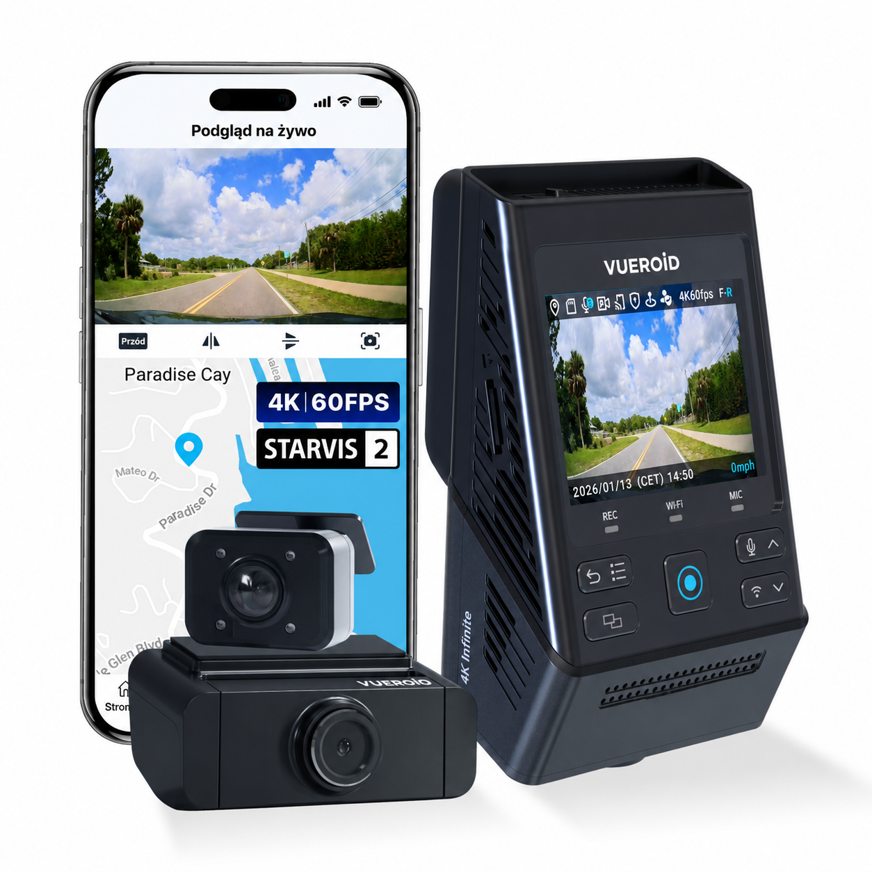 VUEROID S1 4K Infinite 3-kanałowa kamera samochodowa z widzeniem nocnym Sony STARVIS 2, Wi-Fi 5GHz, GPS i trybem parkowania całodobowego