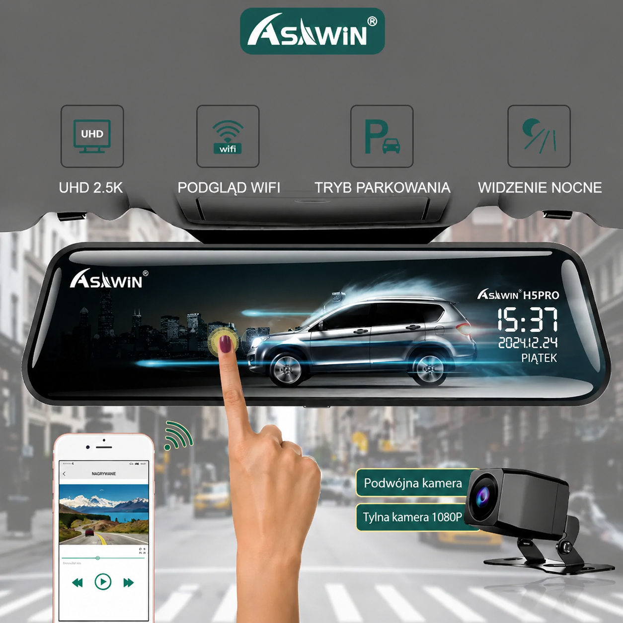 Asawin H5PRO Wideorejestrator lusterkowy dwukamerowy 2K WiFi, ekran dotykowy 10 cali, samochodowy rejestrator DVR z noktowizją