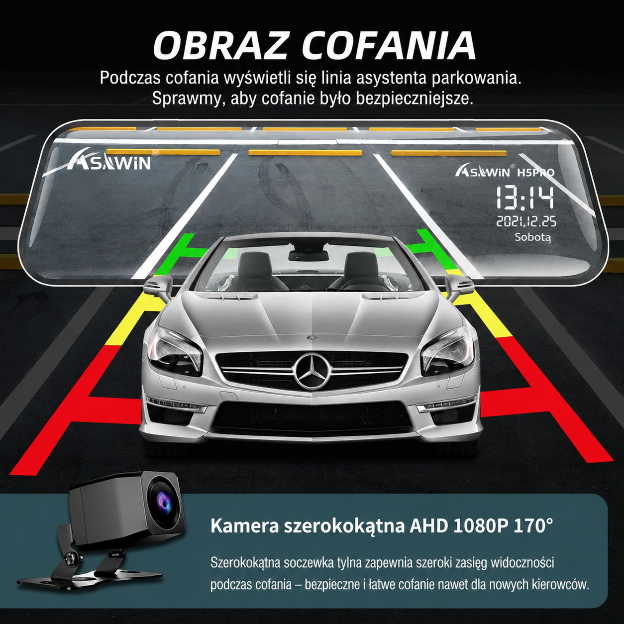 Asawin H5PRO Wideorejestrator lusterkowy dwukamerowy 2K WiFi, ekran dotykowy 10 cali, samochodowy rejestrator DVR z noktowizją