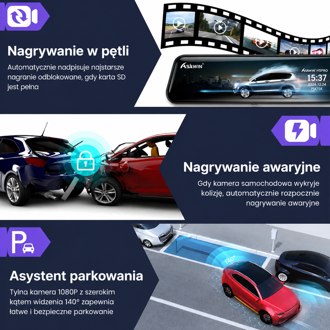 Asawin H5PRO Wideorejestrator lusterkowy dwukamerowy 2K WiFi, ekran dotykowy 10 cali, samochodowy rejestrator DVR z noktowizją