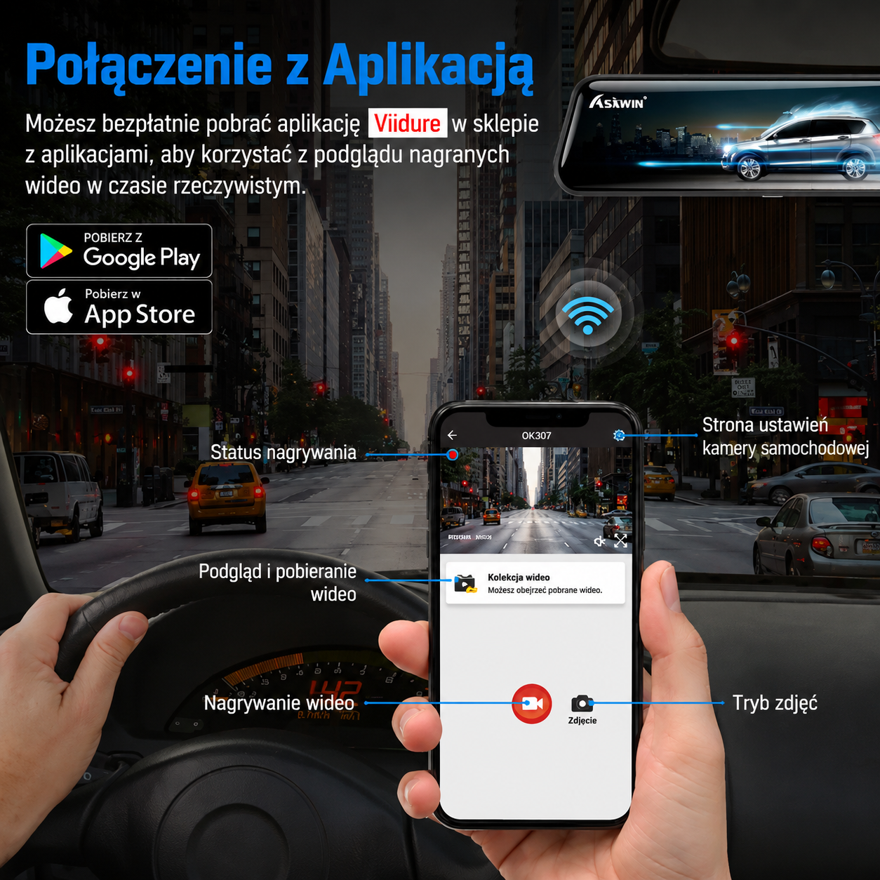 Asawin H5PRO Wideorejestrator lusterkowy dwukamerowy 2K WiFi, ekran dotykowy 10 cali, samochodowy rejestrator DVR z noktowizją