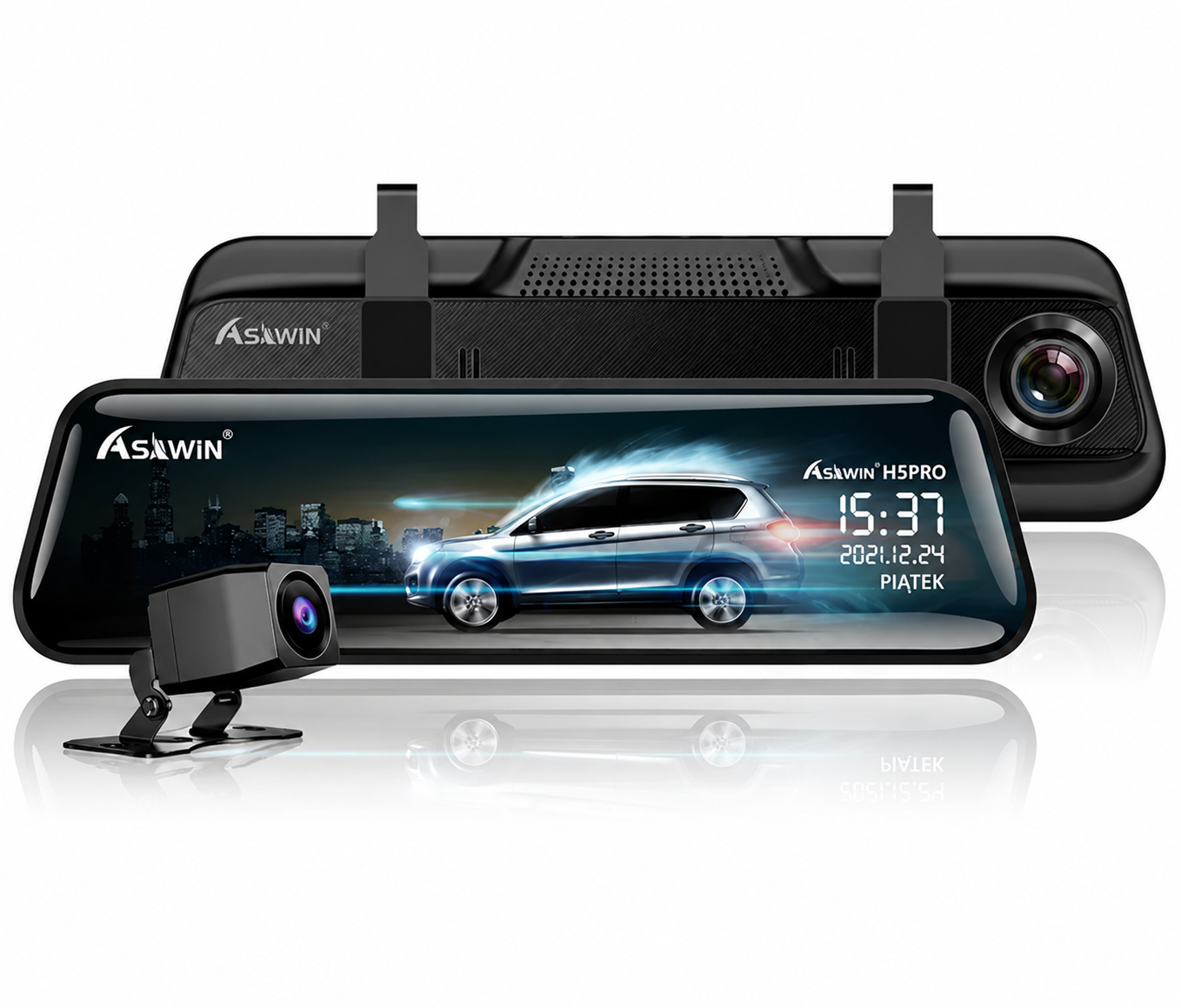 Asawin H5PRO Wideorejestrator lusterkowy dwukamerowy 2K WiFi, ekran dotykowy 10 cali, samochodowy rejestrator DVR z noktowizją