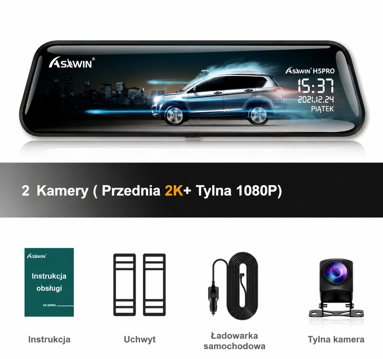 Asawin H5PRO Wideorejestrator lusterkowy dwukamerowy 2K WiFi, ekran dotykowy 10 cali, samochodowy rejestrator DVR z noktowizją