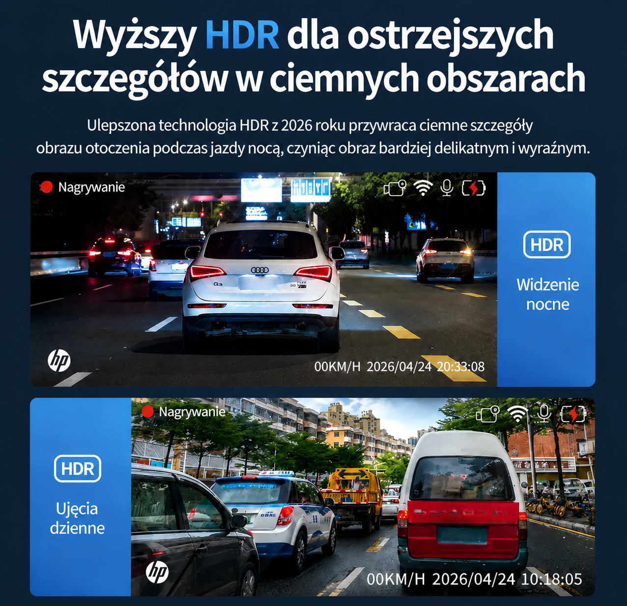 HP | Wideorejestrator samochodowy HP F965, ultra-wysoka rozdzielczość 2K z noktowizją, WiFi, nagrywanie w pętli, tryb monitoringu parkowania, rozdzielczość 1440P