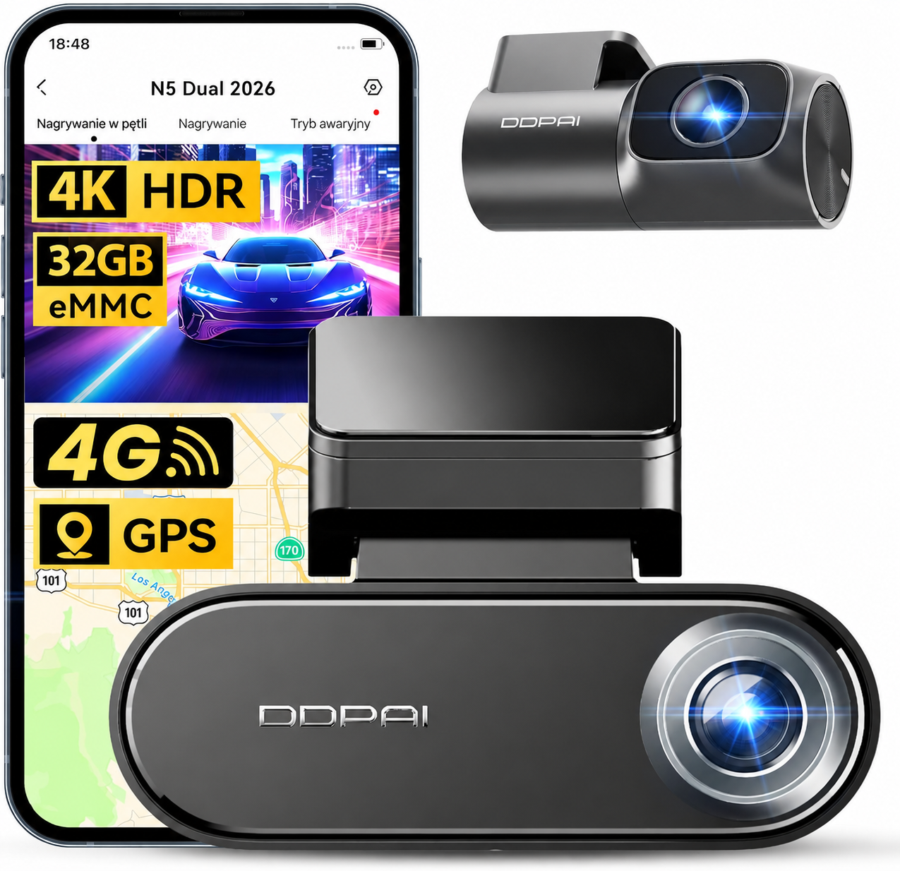 Wideorejestrator DDPAI N5 Dual 4K przedni i tylny, rozdzielczość 2160P+1080P, wbudowany GPS, WiFi 5GHz, wbudowana pamięć eMMC 32 GB (darmowa), obsługa kart do 512 GB, radarowa detekcja ruchu, noktowizja, całodobowy tryb monitoringu parkowania