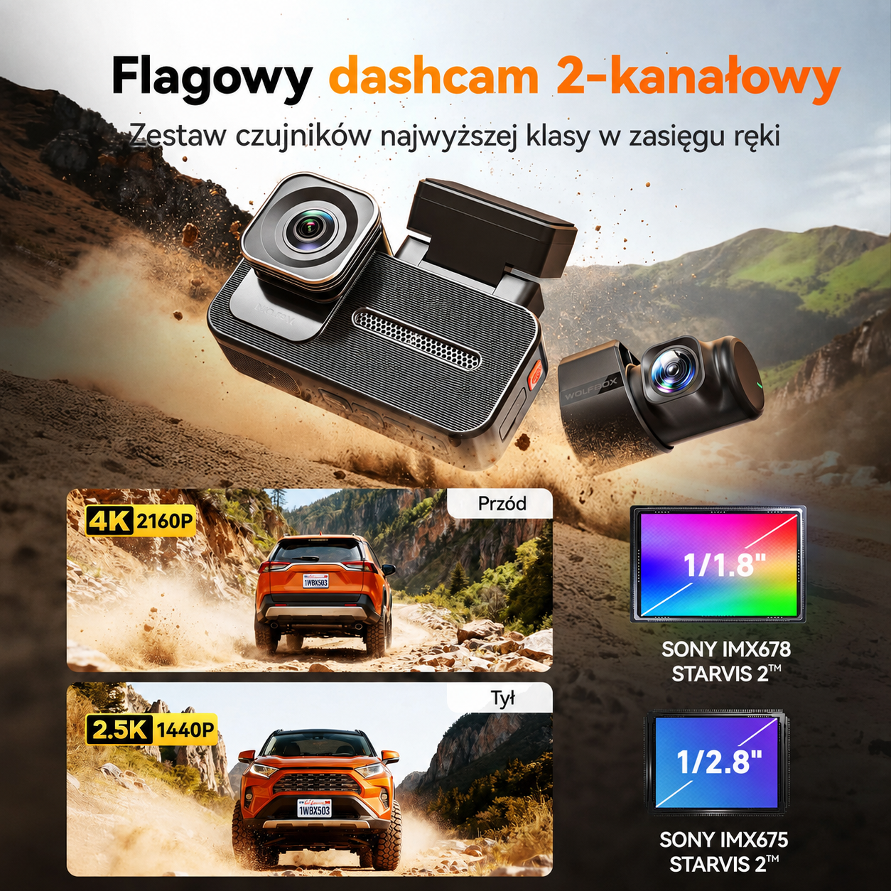 Kamera samochodowa Wolfbox X5 Duo przód-tył 4K + 2,5K z czujnikiem STARVIS 2 IMX678, kompaktowa mini kamera samochodowa