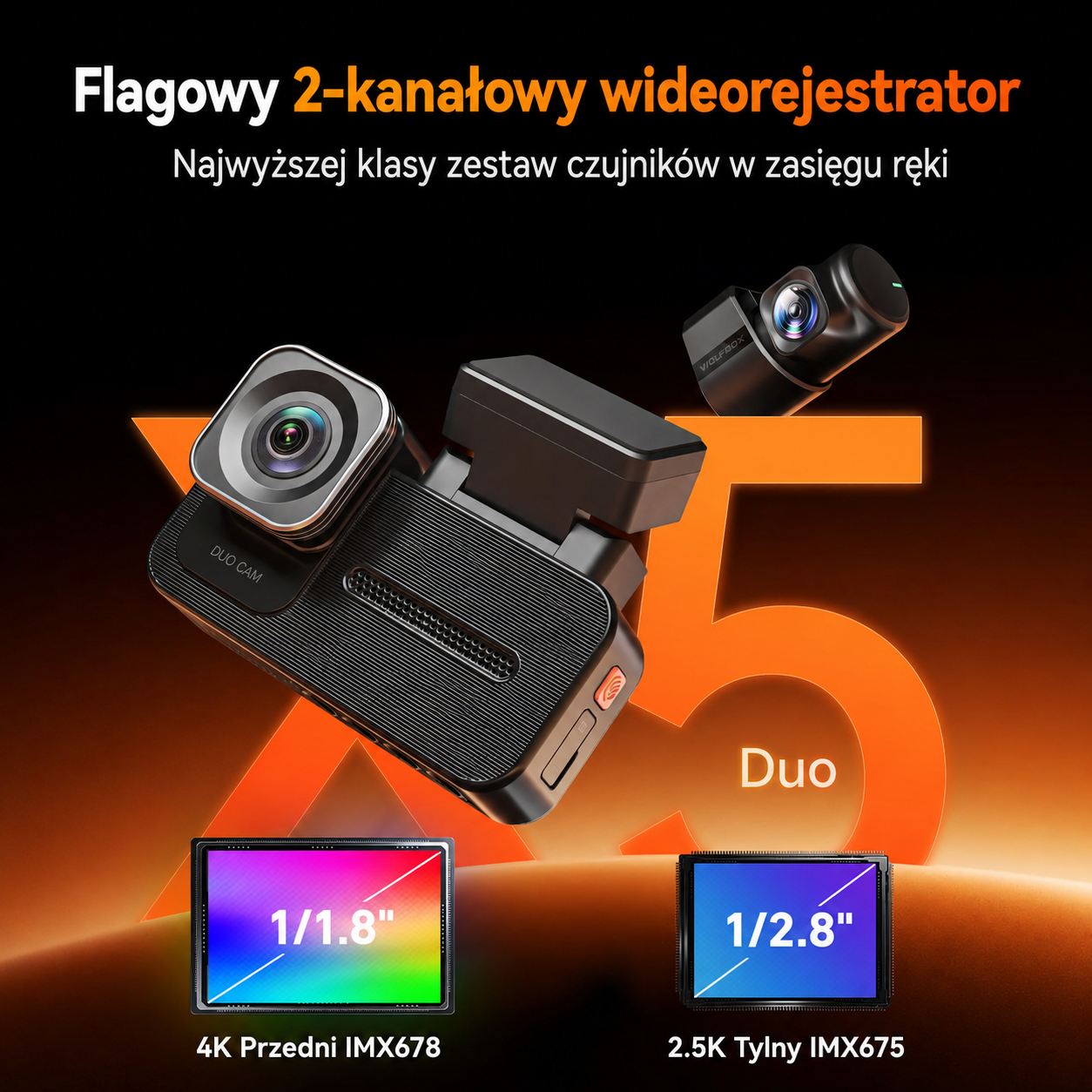 Kamera samochodowa Wolfbox X5 Duo przód-tył 4K + 2,5K z czujnikiem STARVIS 2 IMX678, kompaktowa mini kamera samochodowa