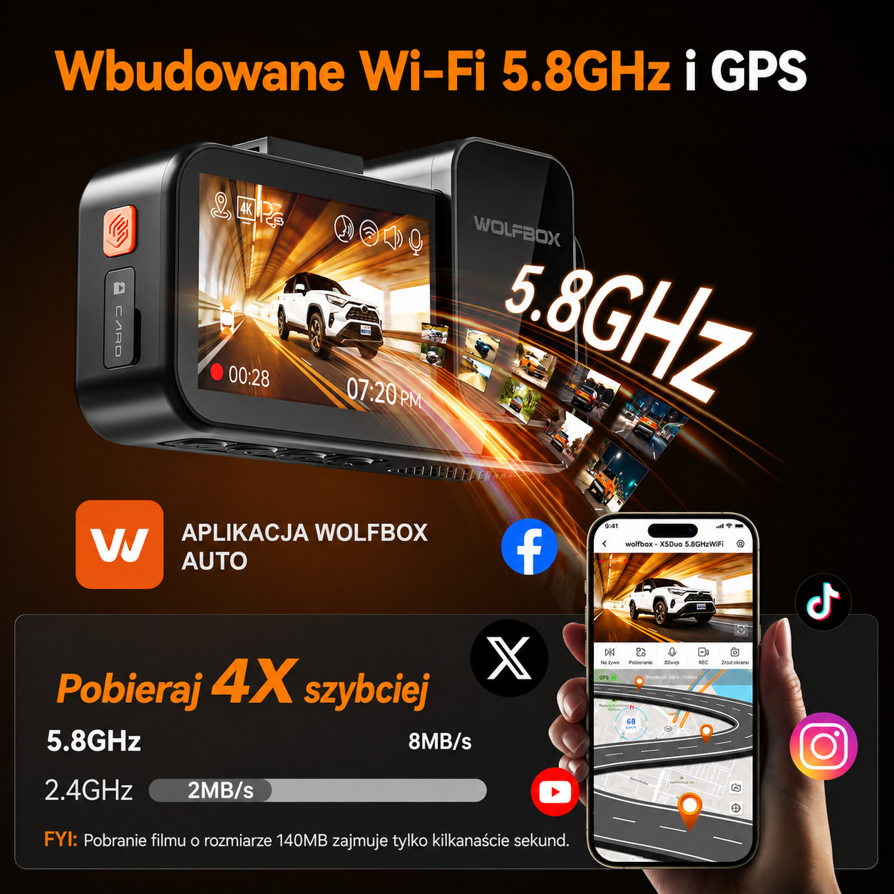 Kamera samochodowa Wolfbox X5 Duo przód-tył 4K + 2,5K z czujnikiem STARVIS 2 IMX678, kompaktowa mini kamera samochodowa
