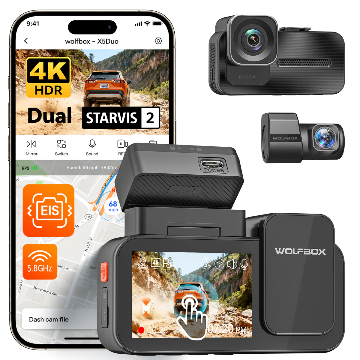 Kamera samochodowa Wolfbox X5 Duo przód-tył 4K + 2,5K z czujnikiem STARVIS 2 IMX678, kompaktowa mini kamera samochodowa