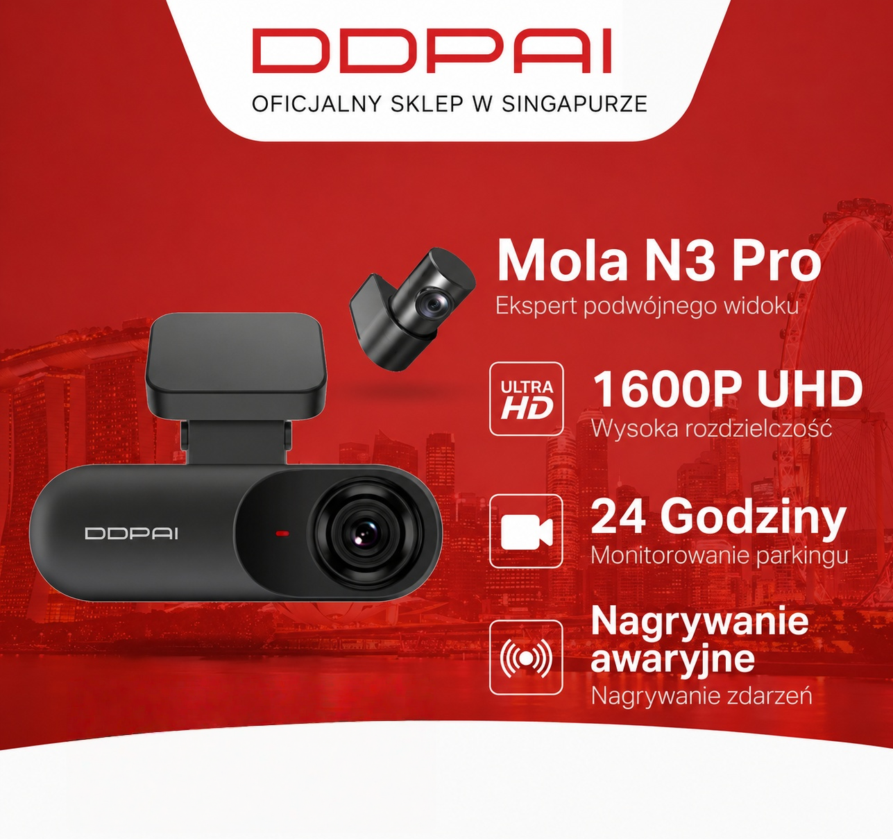 Rejestrator jazdy DDPAI Mola N3 Pro z dwiema kamerami, przednią i tylną, w wysokiej rozdzielczości 1600P