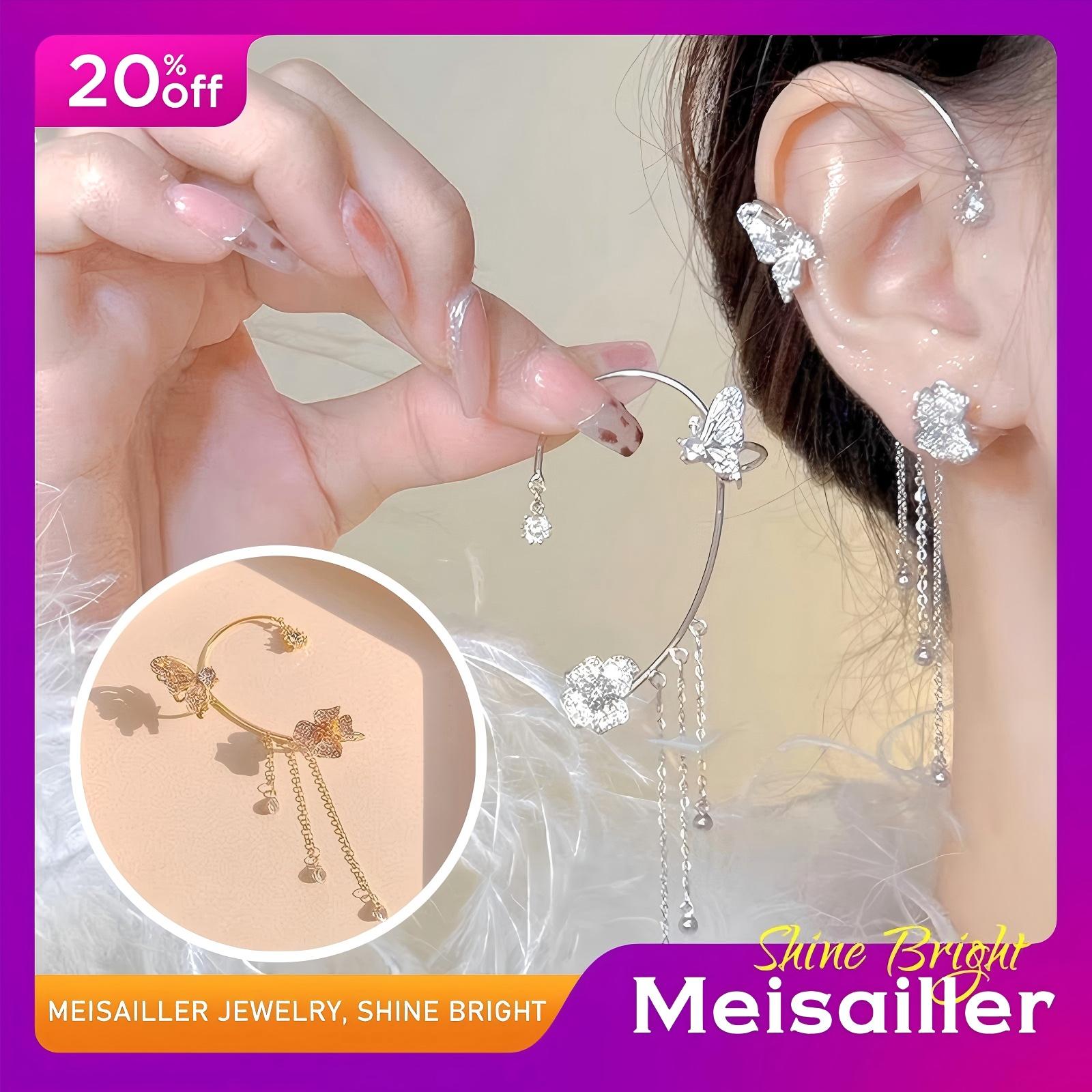 2szt Kolczyki motyle dla kobiet Modne, kwiatowe klipsy z frędzlami na srebrnym złotym uroku CubicZirconia Dainty No Piercing Wrap Butterfly Gifts EarFor Girls