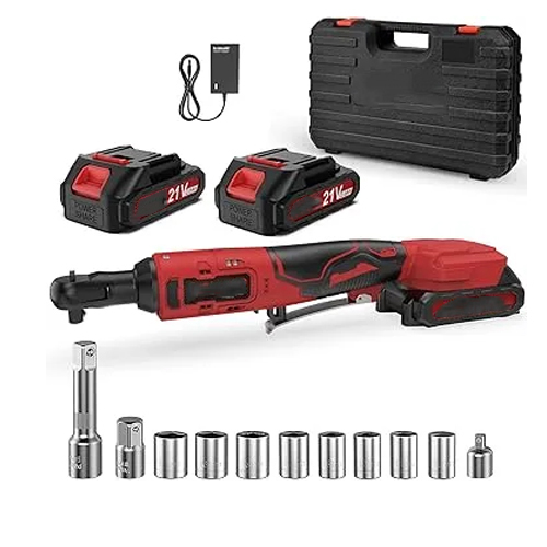 Elektrischer Ratschenschlüssel Set 3/8" 100N.m, 21V Akku Ratsche mit 2 * 2.0Ah Akku, Kabelloser Ratschenschlüssel Set inkl. 8 Stecknüsse, Adapter & Verlängerungsstange