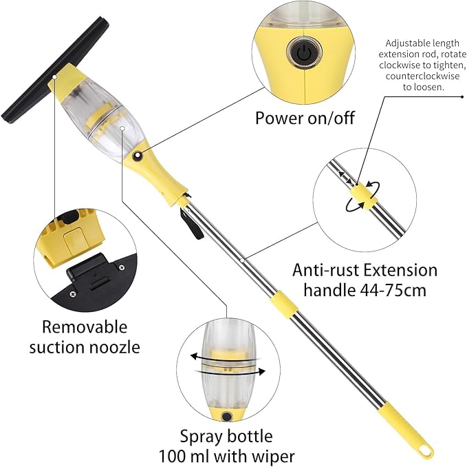 Akku Fenstersauger, Fensterreiniger elektrisch, Fensterputzer mit Teleskopstiel, Akkulaufzeit: 2.2Ah,40 min,28 cm Saugdüse, Sprühflasche mit Mikrofaserbezug für 360° streifenfreie Reinigung (Gelb)