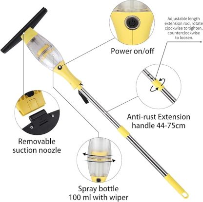 Akku Fenstersauger, Fensterreiniger elektrisch, Fensterputzer mit Teleskopstiel, Akkulaufzeit: 2.2Ah,40 min,28 cm Saugdüse, Sprühflasche mit Mikrofaserbezug für 360° streifenfreie Reinigung (Gelb)