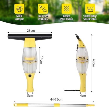 Akku Fenstersauger, Fensterreiniger elektrisch, Fensterputzer mit Teleskopstiel, Akkulaufzeit: 2.2Ah,40 min,28 cm Saugdüse, Sprühflasche mit Mikrofaserbezug für 360° streifenfreie Reinigung (Gelb)