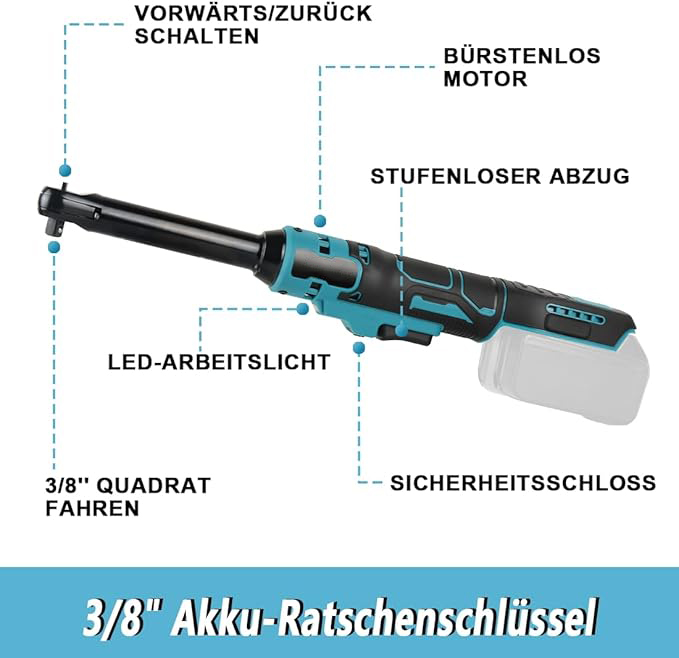 15CM Elektrischer Ratschenschlüssel Kompatibel mit Makita 18V Batterie 3/8" Akku Ratschenschlüssel 65 Ft-lbs Kabelloser Ratsche mit LED-Licht (ohne Batterie)