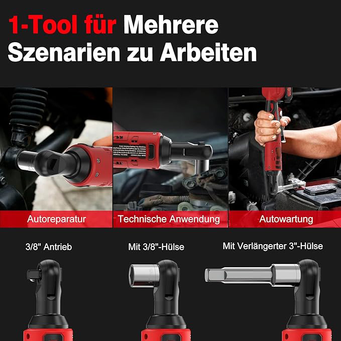 Elektrischer Ratschenschlüssel Set 3/8" 100N.m, 21V Akku Ratsche mit 2 * 2.0Ah Akku, Kabelloser Ratschenschlüssel Set inkl. 8 Stecknüsse, Adapter & Verlängerungsstange