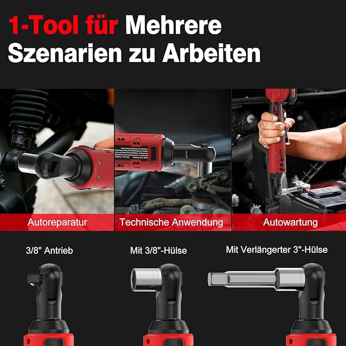 Elektrischer Ratschenschlüssel Set 3/8" 100N.m, 21V Akku Ratsche mit 2 * 2.0Ah Akku, Kabelloser Ratschenschlüssel Set inkl. 8 Stecknüsse, Adapter & Verlängerungsstange