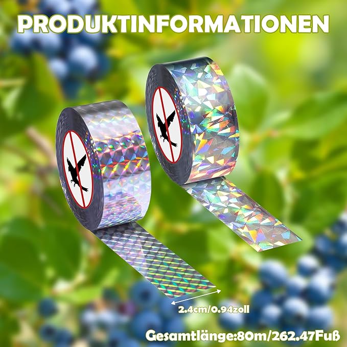 2 Rollen 80m x 2.4cm Vogelabwehr Vogelband, Vogelschreck Vogelabwehr, Reflektierendes Vogelabwehrband, Abwehrband Vogel Band Reflexion Reflektorband zur Vogelabwehr, für Protect Gärten Höfe Pflanze
