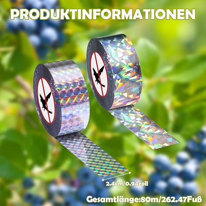 2 Rollen 80m x 2.4cm Vogelabwehr Vogelband, Vogelschreck Vogelabwehr, Reflektierendes Vogelabwehrband, Abwehrband Vogel Band Reflexion Reflektorband zur Vogelabwehr, für Protect Gärten Höfe Pflanze