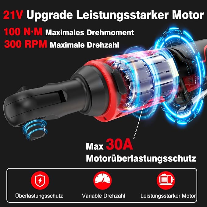 Elektrischer Ratschenschlüssel Set 3/8" 100N.m, 21V Akku Ratsche mit 2 * 2.0Ah Akku, Kabelloser Ratschenschlüssel Set inkl. 8 Stecknüsse, Adapter & Verlängerungsstange