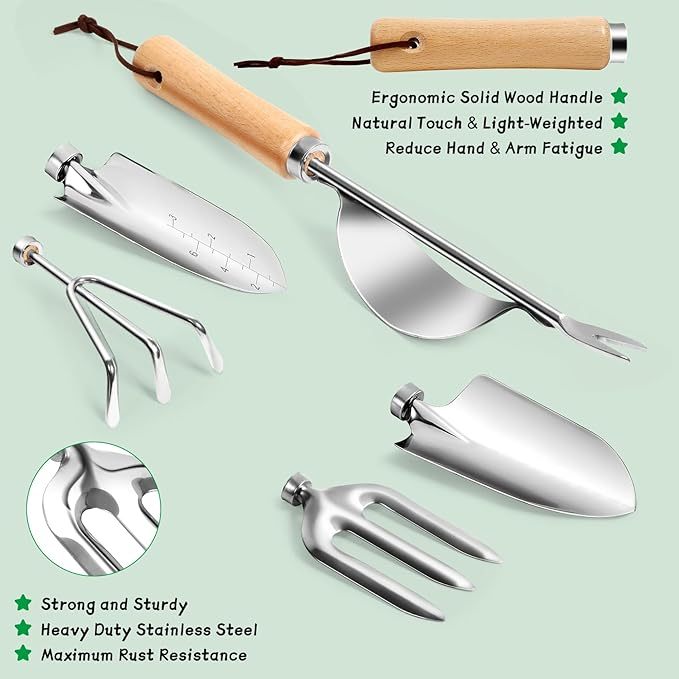 Gartenwerkzeug Set, 12 Stück Garten Hand Werkzeuge, 8 in 1 Gartenarbeit Set mit dauerhafter Aufbewahrungstasche, Gartenschaufel mit Holzgriff, ideale Gartengeschenke für Frauen und Männer