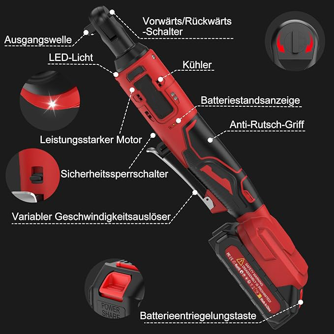 Elektrischer Ratschenschlüssel Set 3/8" 100N.m, 21V Akku Ratsche mit 2 * 2.0Ah Akku, Kabelloser Ratschenschlüssel Set inkl. 8 Stecknüsse, Adapter & Verlängerungsstange