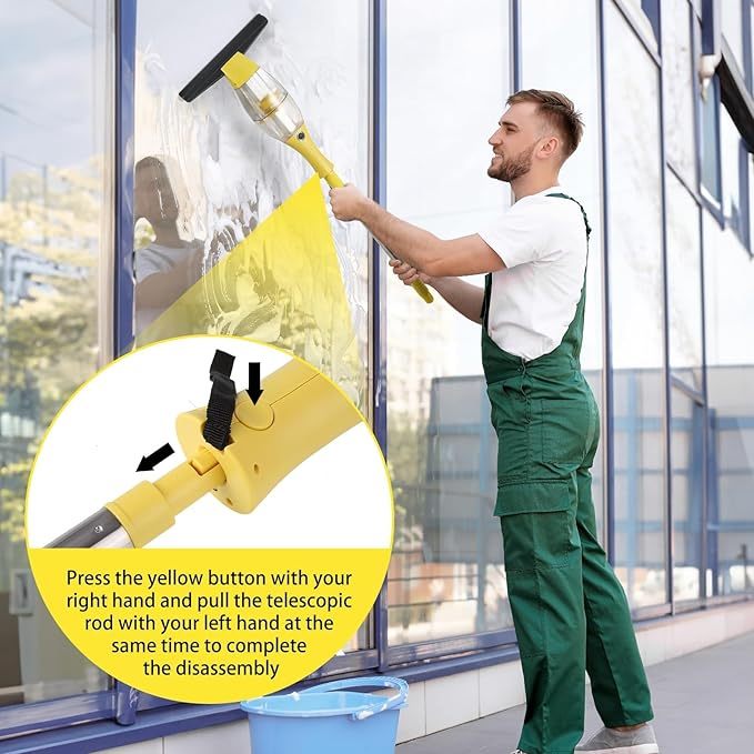 Akku Fenstersauger, Fensterreiniger elektrisch, Fensterputzer mit Teleskopstiel, Akkulaufzeit: 2.2Ah,40 min,28 cm Saugdüse, Sprühflasche mit Mikrofaserbezug für 360° streifenfreie Reinigung (Gelb)