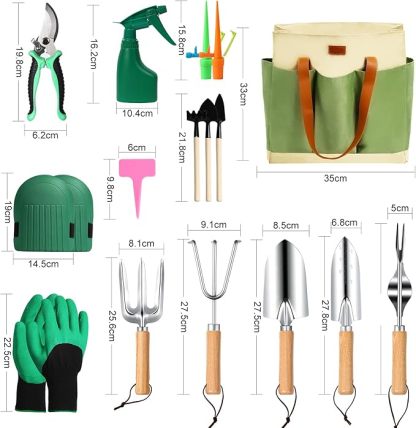 Gartenwerkzeug Set, 12 Stück Garten Hand Werkzeuge, 8 in 1 Gartenarbeit Set mit dauerhafter Aufbewahrungstasche, Gartenschaufel mit Holzgriff, ideale Gartengeschenke für Frauen und Männer