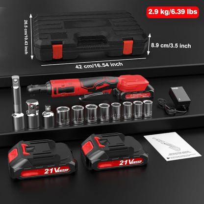 Elektrischer Ratschenschlüssel Set 3/8" 100N.m, 21V Akku Ratsche mit 2 * 2.0Ah Akku, Kabelloser Ratschenschlüssel Set inkl. 8 Stecknüsse, Adapter & Verlängerungsstange