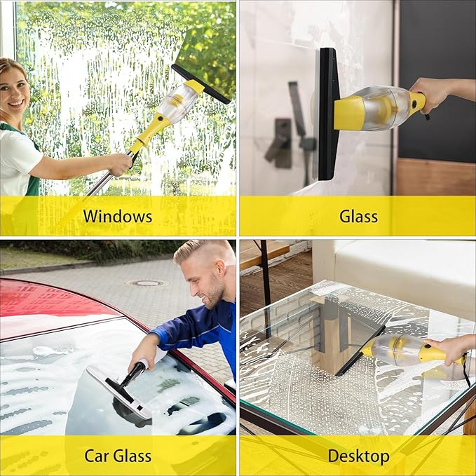 Akku Fenstersauger, Fensterreiniger elektrisch, Fensterputzer mit Teleskopstiel, Akkulaufzeit: 2.2Ah,40 min,28 cm Saugdüse, Sprühflasche mit Mikrofaserbezug für 360° streifenfreie Reinigung (Gelb)