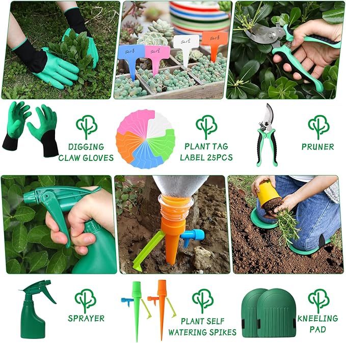 Gartenwerkzeug Set, 12 Stück Garten Hand Werkzeuge, 8 in 1 Gartenarbeit Set mit dauerhafter Aufbewahrungstasche, Gartenschaufel mit Holzgriff, ideale Gartengeschenke für Frauen und Männer