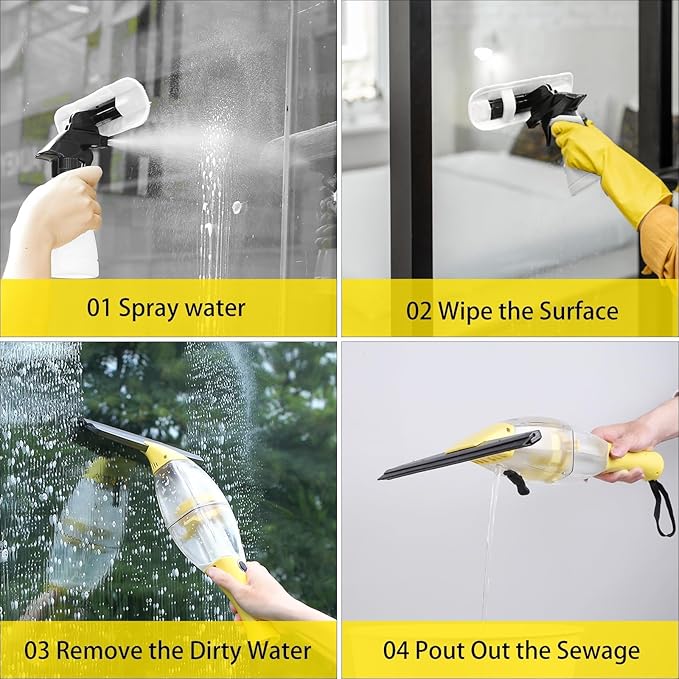 Akku Fenstersauger, Fensterreiniger elektrisch, Fensterputzer mit Teleskopstiel, Akkulaufzeit: 2.2Ah,40 min,28 cm Saugdüse, Sprühflasche mit Mikrofaserbezug für 360° streifenfreie Reinigung (Gelb)