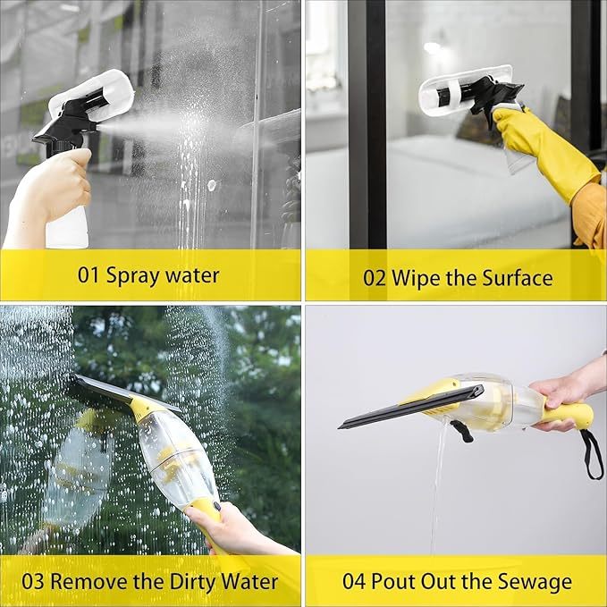 Akku Fenstersauger, Fensterreiniger elektrisch, Fensterputzer mit Teleskopstiel, Akkulaufzeit: 2.2Ah,40 min,28 cm Saugdüse, Sprühflasche mit Mikrofaserbezug für 360° streifenfreie Reinigung (Gelb)