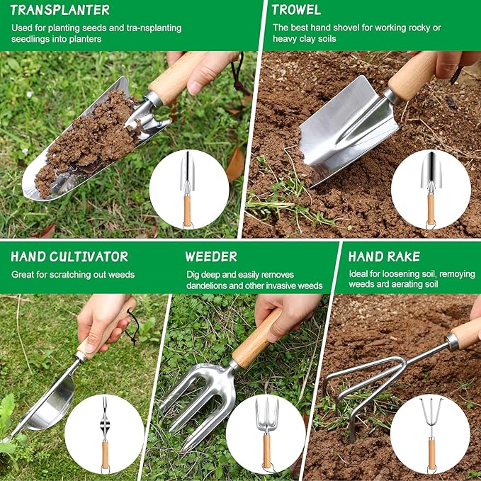 Gartenwerkzeug Set, 12 Stück Garten Hand Werkzeuge, 8 in 1 Gartenarbeit Set mit dauerhafter Aufbewahrungstasche, Gartenschaufel mit Holzgriff, ideale Gartengeschenke für Frauen und Männer