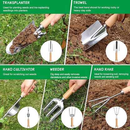 Gartenwerkzeug Set, 12 Stück Garten Hand Werkzeuge, 8 in 1 Gartenarbeit Set mit dauerhafter Aufbewahrungstasche, Gartenschaufel mit Holzgriff, ideale Gartengeschenke für Frauen und Männer