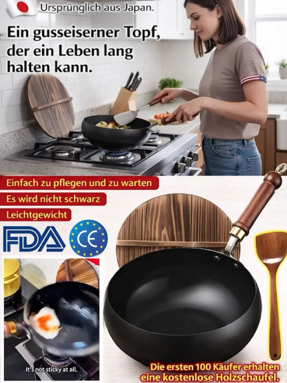 [✨Handgefertigt in einer jahrhundertealten Werkstatt in Tsubame Sanjo, Japan]Exklusive leichte Eisenpfanne mit Holzspatel für die Top 100 Kunden