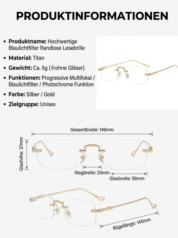 [Automatische Einstellung von 0 Grad bis 1000 Grad] Ultraleichte randlose phototropische Lesebrille