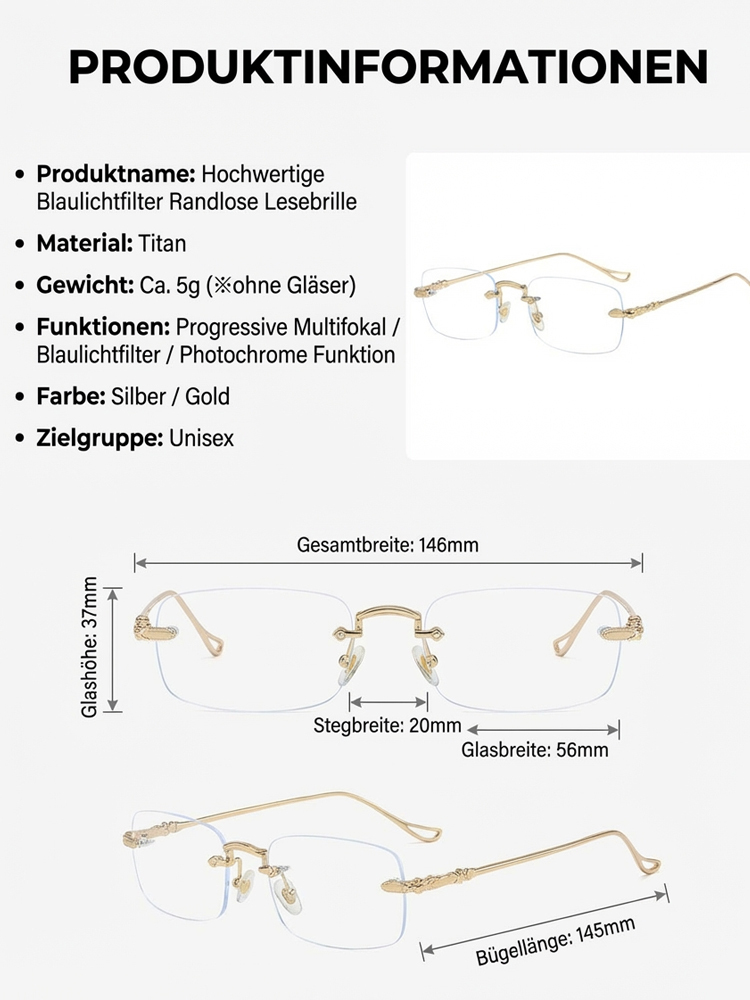 [Automatische Einstellung von 0 Grad bis 1000 Grad] Ultraleichte randlose phototropische Lesebrille