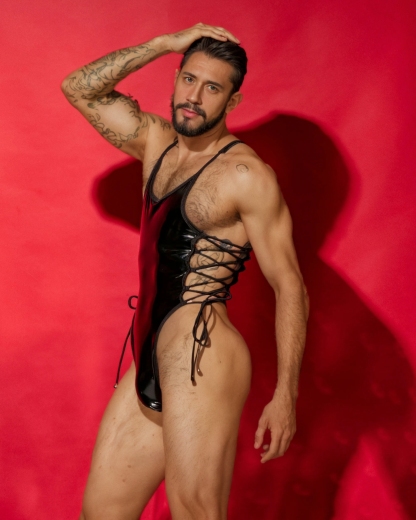 Men's Patent Leather Strappy Black Bodysuit