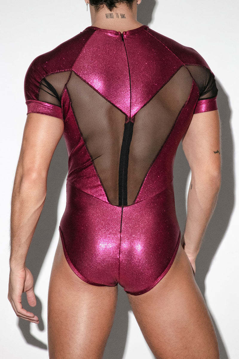 Metallic Mesh Patchwork Short Sleeve Bodysuit