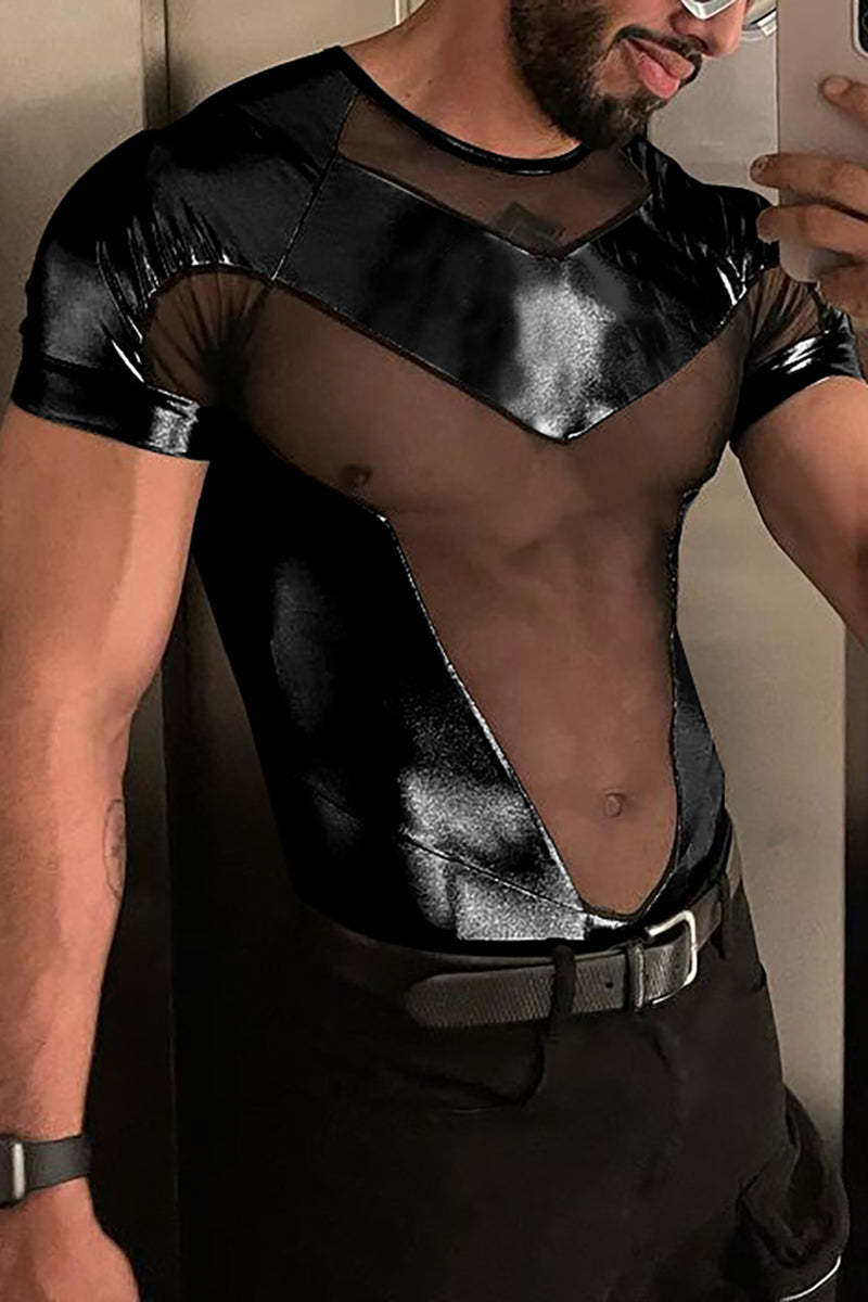 Metallic Mesh Patchwork Short Sleeve Bodysuit