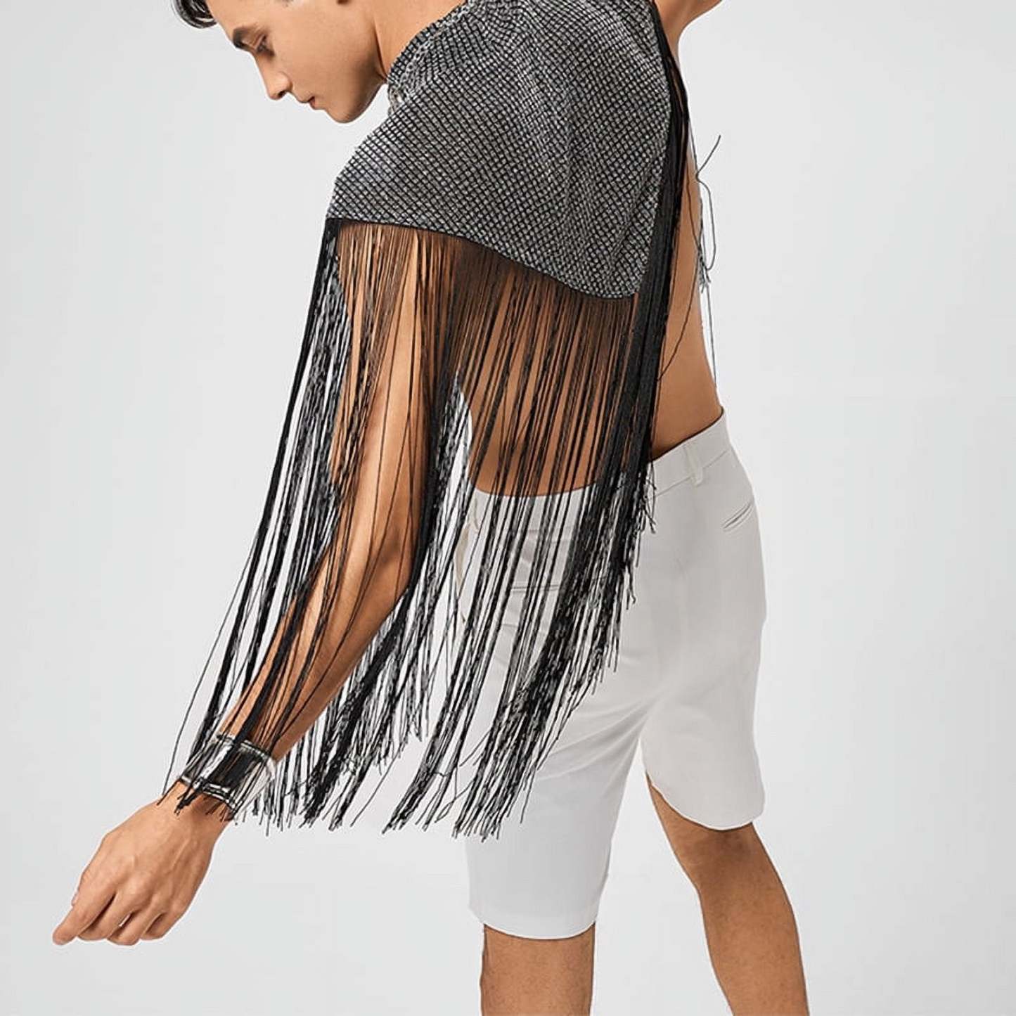 Men's Fringed Glitter Triangle Turtleneck Cape Cloak for Evening Club Party