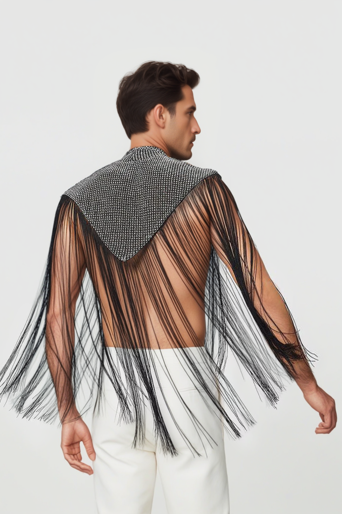 Men's Fringed Glitter Triangle Turtleneck Cape Cloak for Evening Club Party