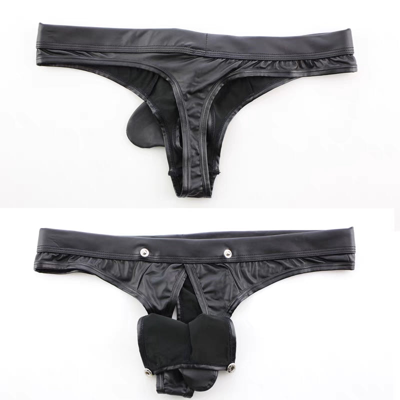 Fabpride Adjustable Black Leather-Style Men’s Bikini Briefs with Unique Detailing
