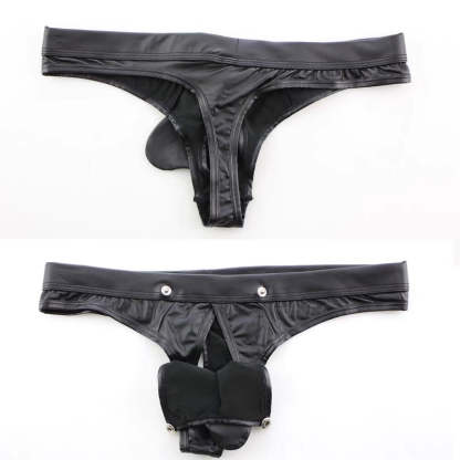 Fabpride Adjustable Black Leather-Style Men’s Bikini Briefs with Unique Detailing