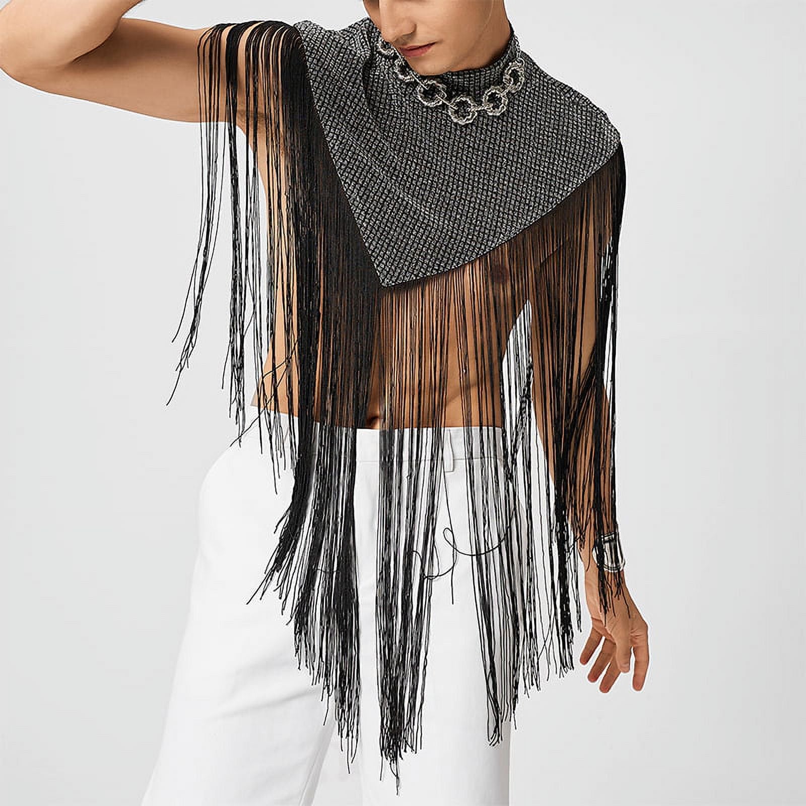 Men's Fringed Glitter Triangle Turtleneck Cape Cloak for Evening Club Party